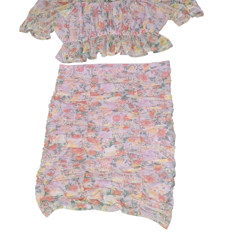 Pastel Rouched Floral Skirt Set Size L